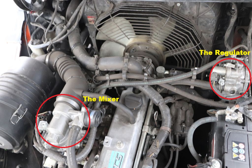LPG Toyota fuel system parts arrangement. The regulator and mixer location are highlighted with red circles.